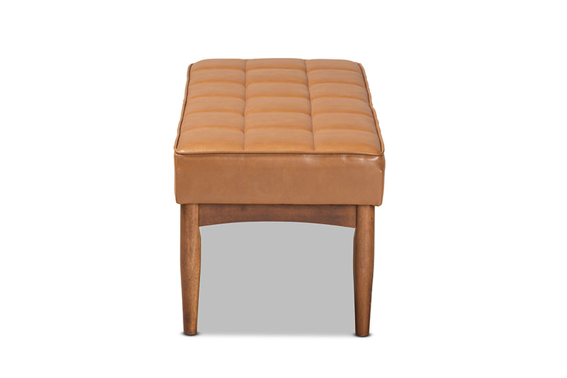 Baxton Studio Sanford Mid-Century Modern Tan Faux Leather Upholstered and Walnut Brown Finished Wood Dining Bench