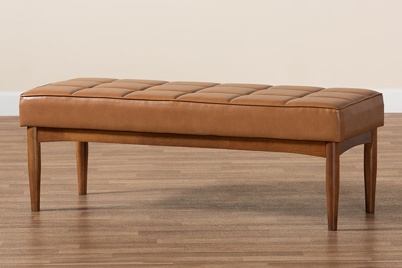 Baxton Studio Sanford Mid-Century Modern Tan Faux Leather Upholstered and Walnut Brown Finished Wood Dining Bench