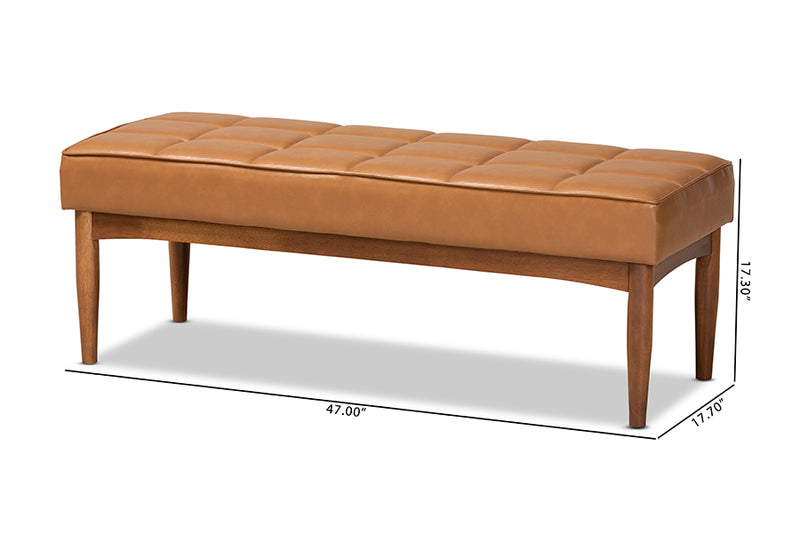 Baxton Studio Sanford Mid-Century Modern Tan Faux Leather Upholstered and Walnut Brown Finished Wood Dining Bench