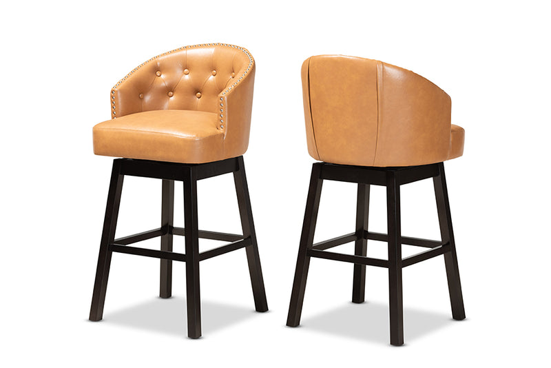 Baxton Studio Theron Modern and Contemporary Transitional Tan Faux Leather Upholstered and Dark Brown Finished Wood 2-Piece Swivel Bar Stool Set