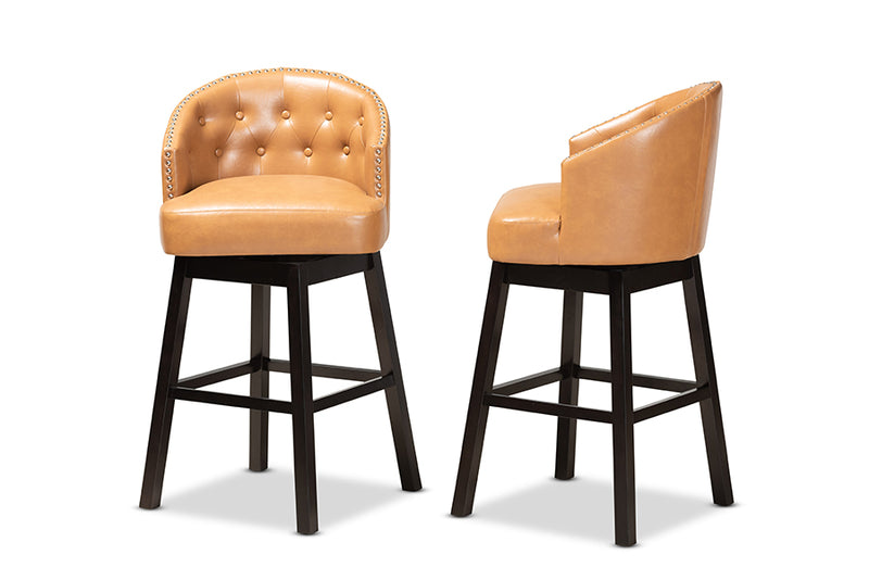Baxton Studio Theron Modern and Contemporary Transitional Tan Faux Leather Upholstered and Dark Brown Finished Wood 2-Piece Swivel Bar Stool Set