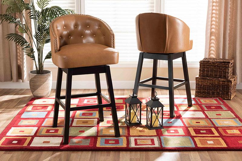 Baxton Studio Theron Modern and Contemporary Transitional Tan Faux Leather Upholstered and Dark Brown Finished Wood 2-Piece Swivel Bar Stool Set