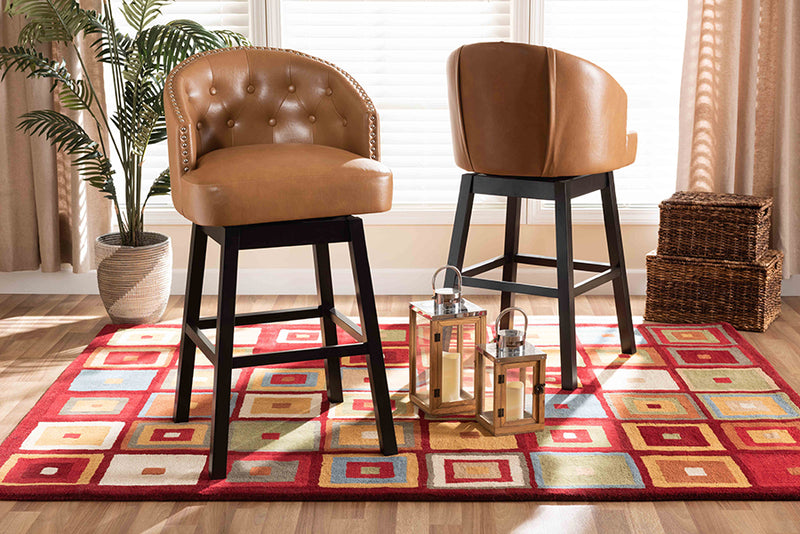 Baxton Studio Theron Modern and Contemporary Transitional Tan Faux Leather Upholstered and Dark Brown Finished Wood 2-Piece Swivel Bar Stool Set