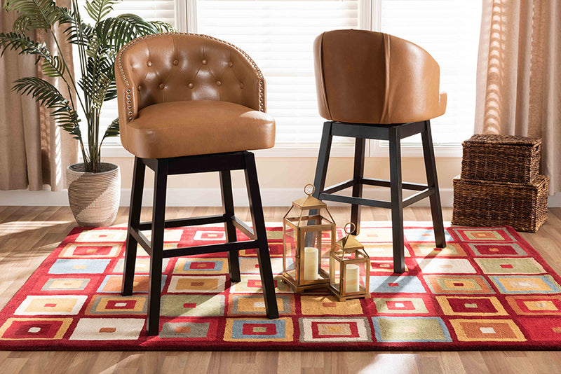 Baxton Studio Theron Modern and Contemporary Transitional Tan Faux Leather Upholstered and Dark Brown Finished Wood 2-Piece Swivel Bar Stool Set