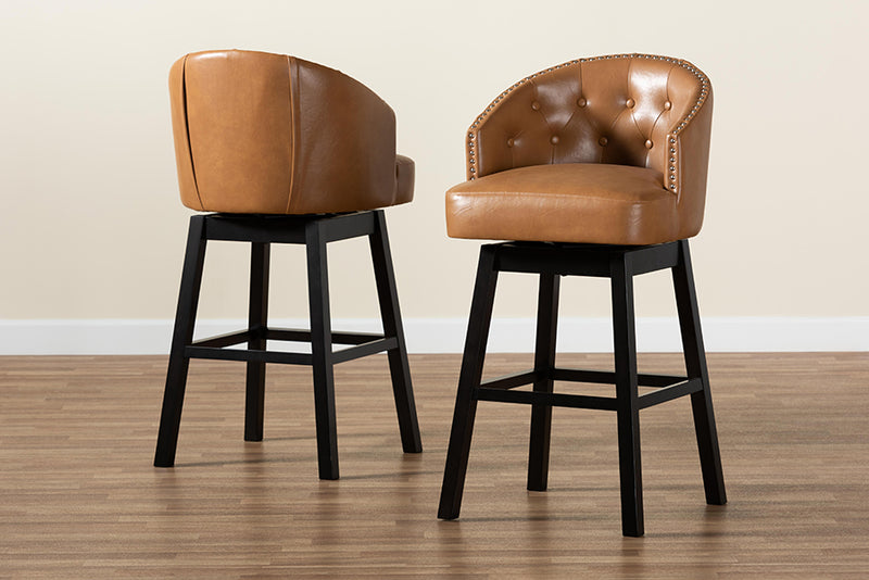 Baxton Studio Theron Modern and Contemporary Transitional Tan Faux Leather Upholstered and Dark Brown Finished Wood 2-Piece Swivel Bar Stool Set