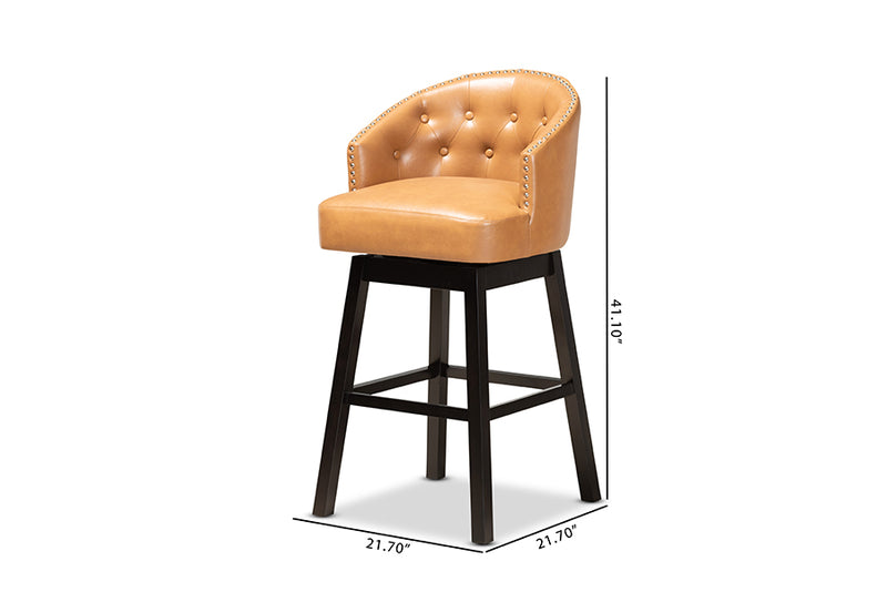 Baxton Studio Theron Modern and Contemporary Transitional Tan Faux Leather Upholstered and Dark Brown Finished Wood 2-Piece Swivel Bar Stool Set