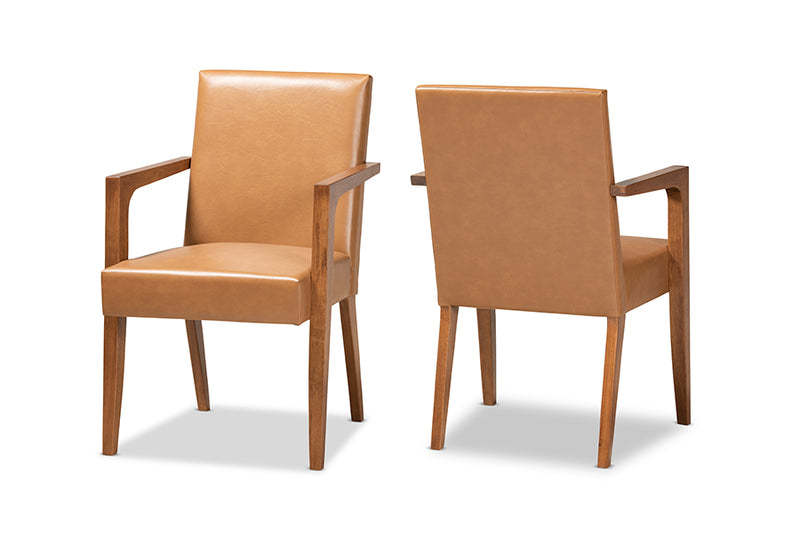 Baxton Studio Andrea Mid-Century Modern Tan Faux Leather Upholstered and Walnut Brown Finished Wood 2-Piece Armchair Set