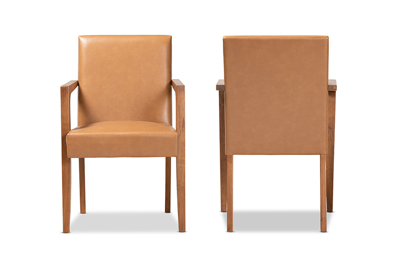 Baxton Studio Andrea Mid-Century Modern Tan Faux Leather Upholstered and Walnut Brown Finished Wood 2-Piece Armchair Set