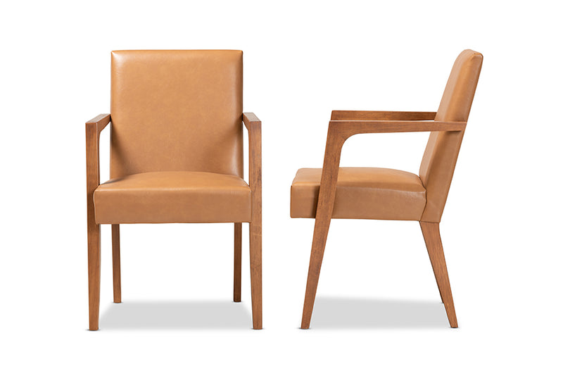 Baxton Studio Andrea Mid-Century Modern Tan Faux Leather Upholstered and Walnut Brown Finished Wood 2-Piece Armchair Set
