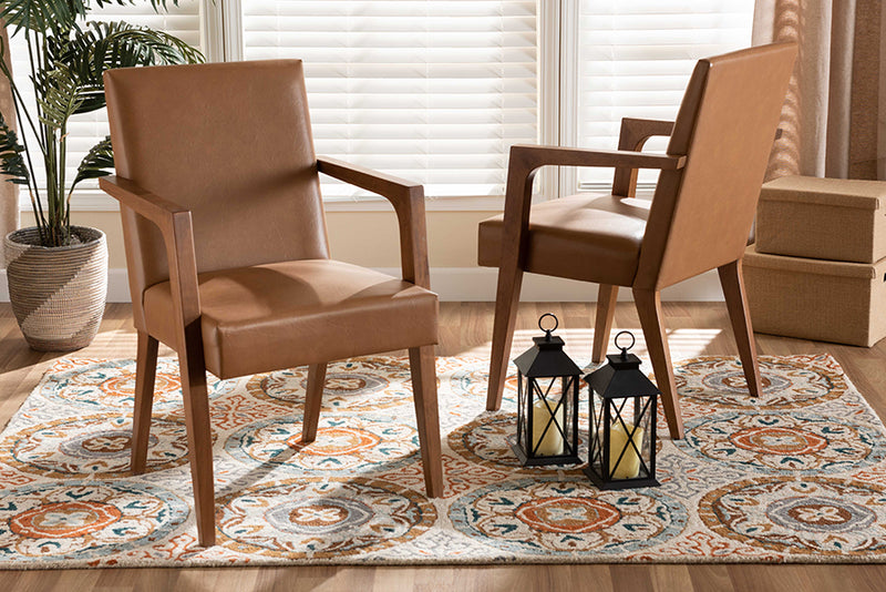 Baxton Studio Andrea Mid-Century Modern Tan Faux Leather Upholstered and Walnut Brown Finished Wood 2-Piece Armchair Set
