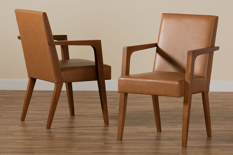 Baxton Studio Andrea Mid-Century Modern Tan Faux Leather Upholstered and Walnut Brown Finished Wood 2-Piece Armchair Set