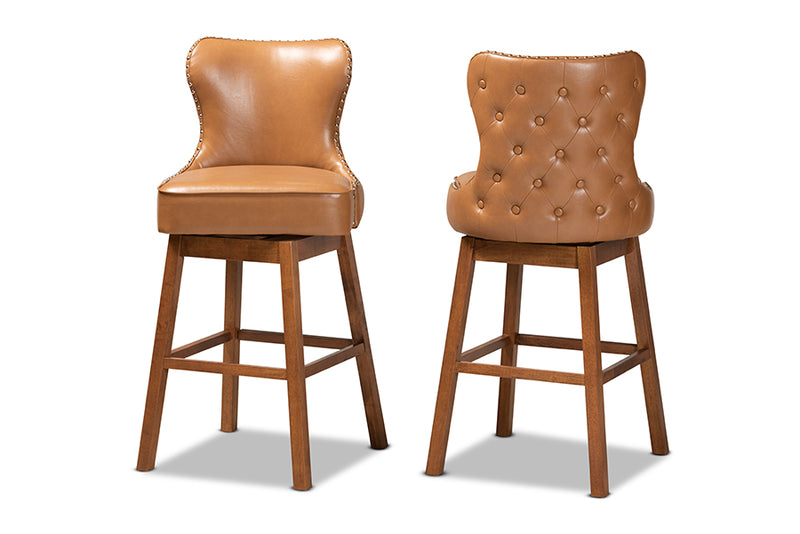 Baxton Studio Gradisca Modern and Contemporary Tan Faux Leather Upholstered and Walnut Brown Finished Wood 2-Piece Swivel Bar Stool Set