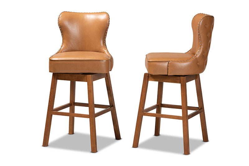 Baxton Studio Gradisca Modern and Contemporary Tan Faux Leather Upholstered and Walnut Brown Finished Wood 2-Piece Swivel Bar Stool Set
