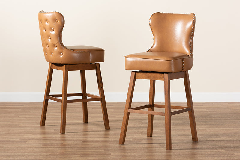 Baxton Studio Gradisca Modern and Contemporary Tan Faux Leather Upholstered and Walnut Brown Finished Wood 2-Piece Swivel Bar Stool Set