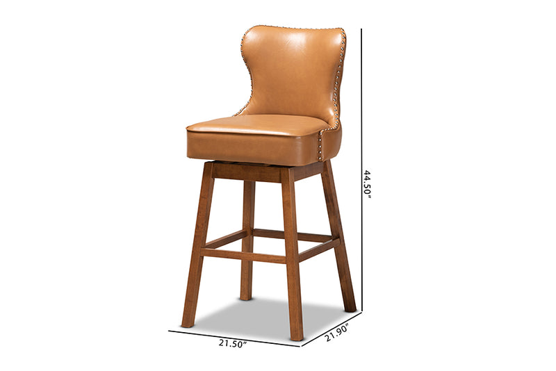Baxton Studio Gradisca Modern and Contemporary Tan Faux Leather Upholstered and Walnut Brown Finished Wood 2-Piece Swivel Bar Stool Set