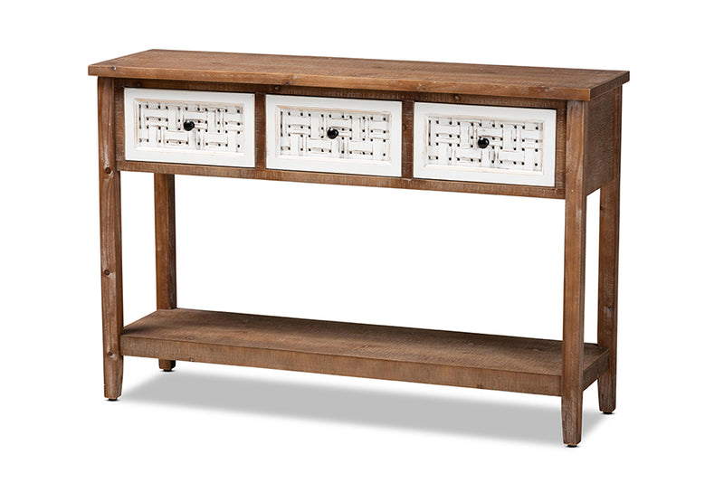 Baxton Studio Bonilla Traditional and Rustic Two-Tone White and Walnut Brown Finished Wood 3-Drawer Console Table