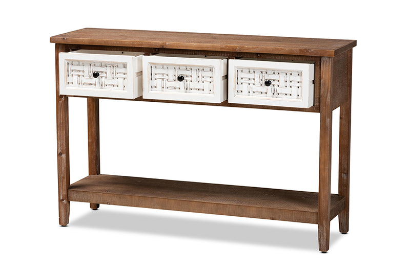Baxton Studio Bonilla Traditional and Rustic Two-Tone White and Walnut Brown Finished Wood 3-Drawer Console Table