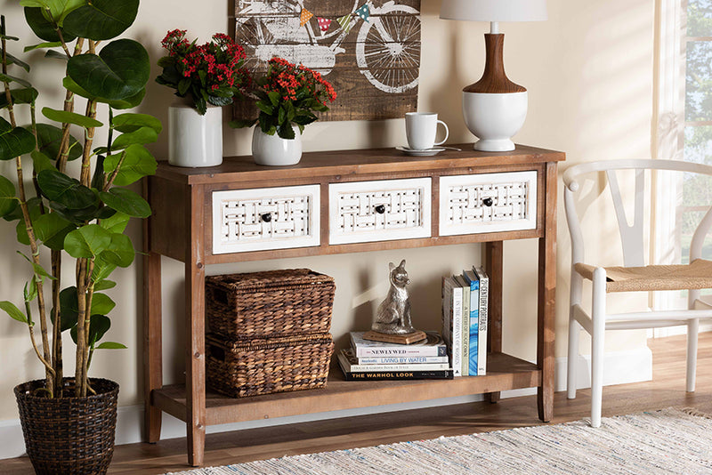 Baxton Studio Bonilla Traditional and Rustic Two-Tone White and Walnut Brown Finished Wood 3-Drawer Console Table