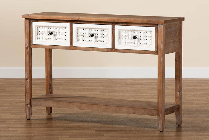 Baxton Studio Bonilla Traditional and Rustic Two-Tone White and Walnut Brown Finished Wood 3-Drawer Console Table