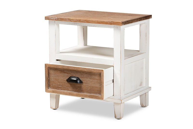 Baxton Studio Glynn Rustic Farmhouse Weathered Two-Tone White and Oak Brown Finished Wood 1-Drawer Nightstand