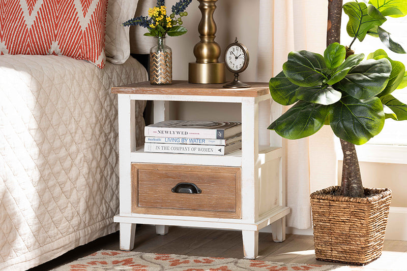 Baxton Studio Glynn Rustic Farmhouse Weathered Two-Tone White and Oak Brown Finished Wood 1-Drawer Nightstand