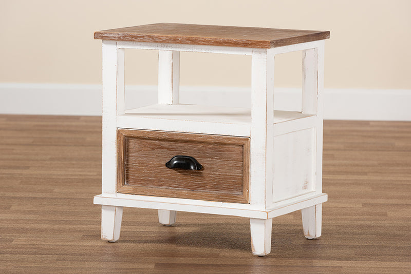 Baxton Studio Glynn Rustic Farmhouse Weathered Two-Tone White and Oak Brown Finished Wood 1-Drawer Nightstand