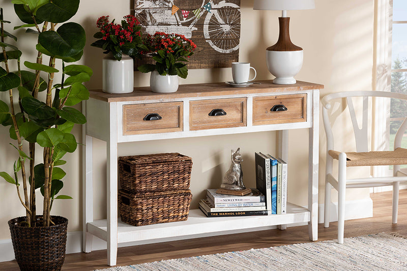 Baxton Studio Benedict Traditional Farmhouse and Rustic Two-Tone White and Oak Brown Finished Wood 3-Drawer Console Table