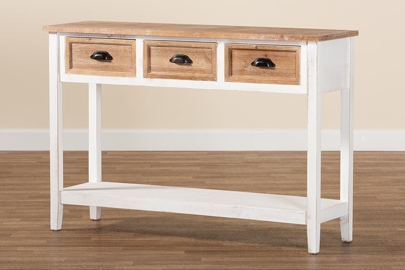 Baxton Studio Benedict Traditional Farmhouse and Rustic Two-Tone White and Oak Brown Finished Wood 3-Drawer Console Table