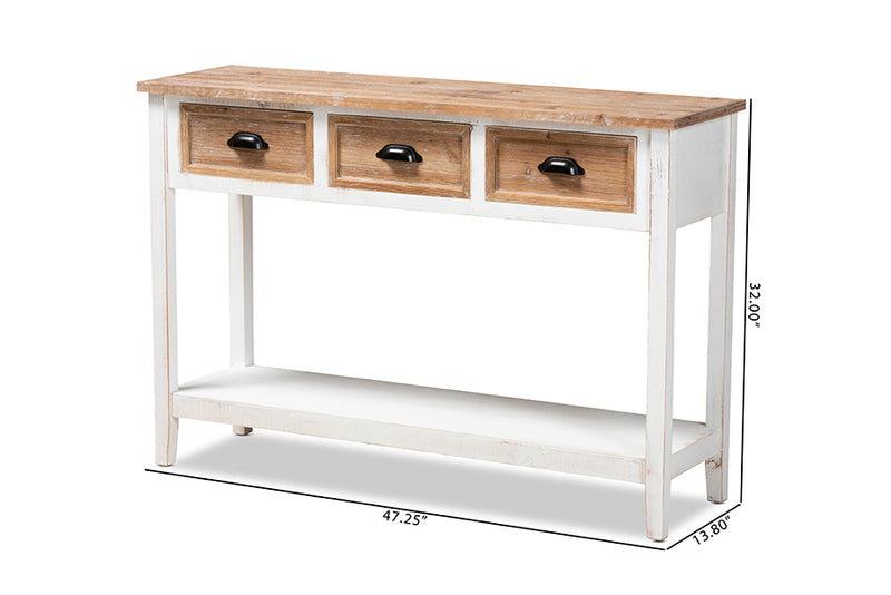 Baxton Studio Benedict Traditional Farmhouse and Rustic Two-Tone White and Oak Brown Finished Wood 3-Drawer Console Table