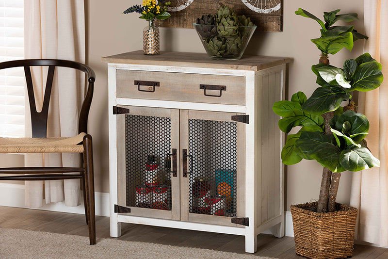 Baxton Studio Deacon Rustic Industrial Farmhouse Weathered Two-Tone White and Oak Brown Finished Wood 2-Door Storage Cabinet