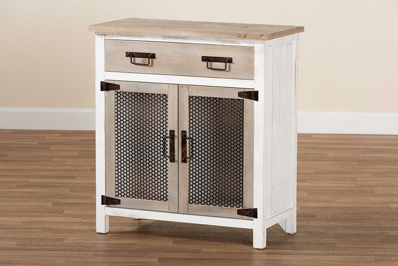 Baxton Studio Deacon Rustic Industrial Farmhouse Weathered Two-Tone White and Oak Brown Finished Wood 2-Door Storage Cabinet
