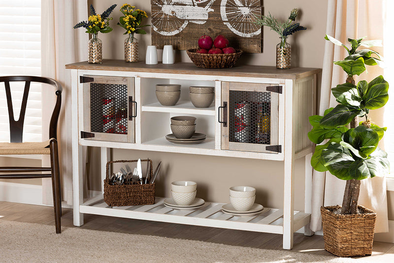 Baxton Studio Deacon Rustic Industrial Farmhouse Weathered Two-Tone White and Oak Brown Finished Wood 2-Door Dining Room Sideboard Buffet