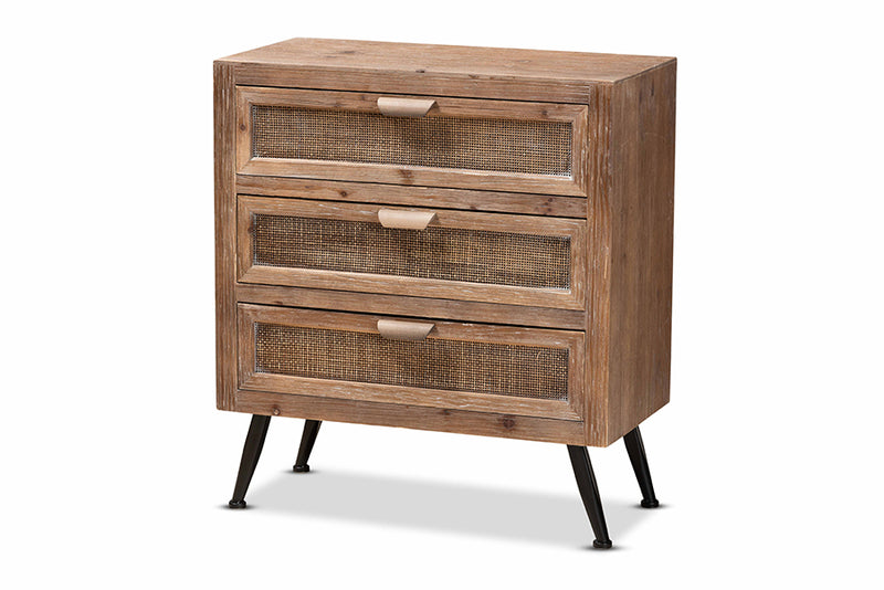 Baxton Studio Calida Mid-Century Modern Whitewashed Natural Brown Finished Wood and Rattan 3-Drawer Storage Cabinet