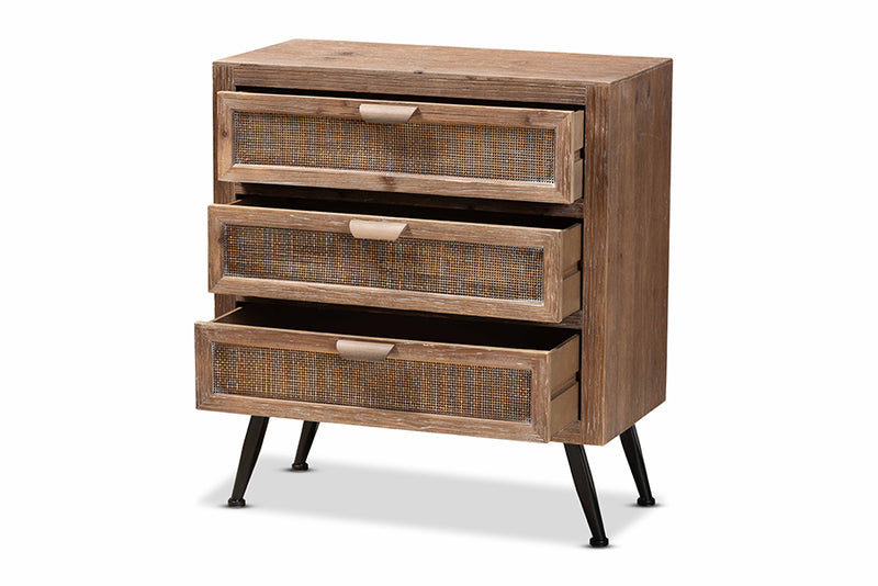 Baxton Studio Calida Mid-Century Modern Whitewashed Natural Brown Finished Wood and Rattan 3-Drawer Storage Cabinet