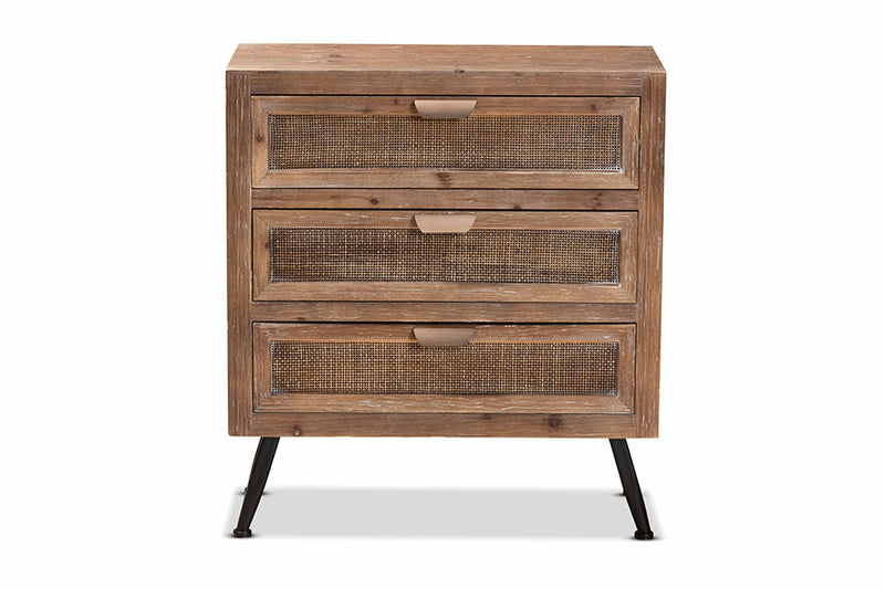 Baxton Studio Calida Mid-Century Modern Whitewashed Natural Brown Finished Wood and Rattan 3-Drawer Storage Cabinet