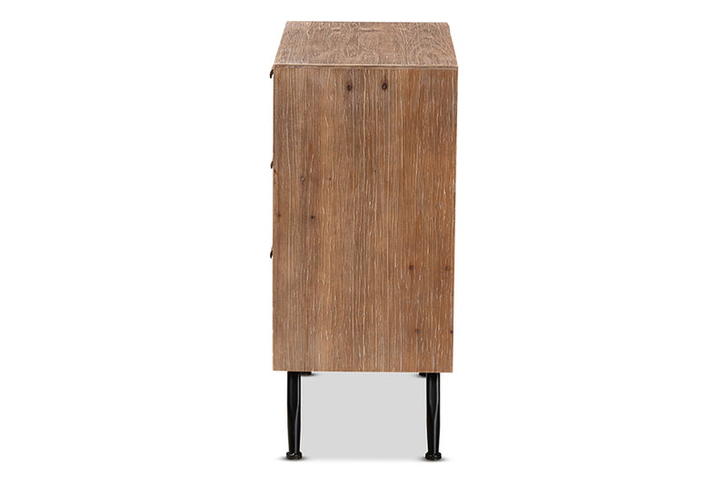 Baxton Studio Calida Mid-Century Modern Whitewashed Natural Brown Finished Wood and Rattan 3-Drawer Storage Cabinet