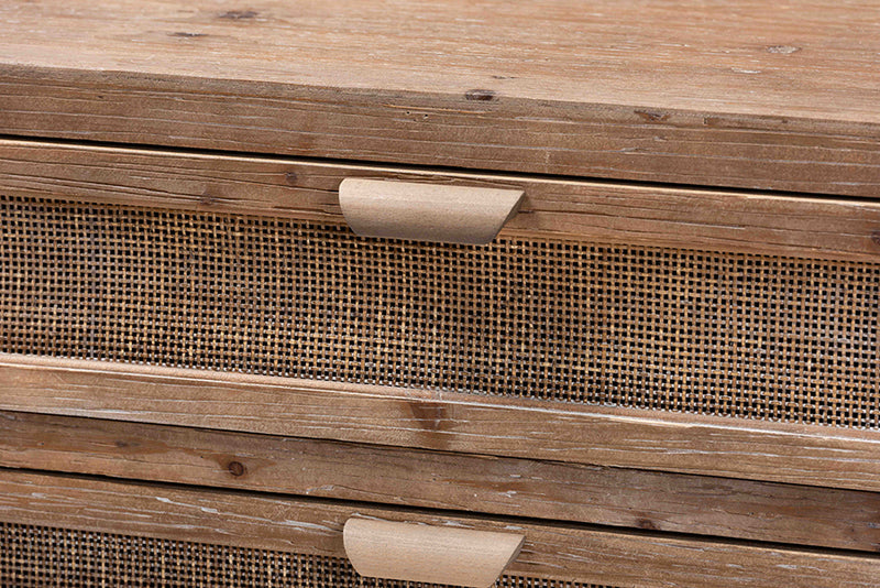 Baxton Studio Calida Mid-Century Modern Whitewashed Natural Brown Finished Wood and Rattan 3-Drawer Storage Cabinet