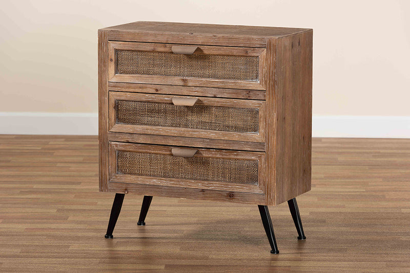 Baxton Studio Calida Mid-Century Modern Whitewashed Natural Brown Finished Wood and Rattan 3-Drawer Storage Cabinet