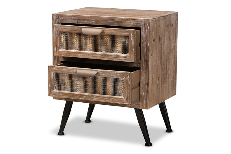 Baxton Studio Calida Mid-Century Modern Whitewashed Natural Brown Finished Wood and Rattan 2-Drawer Nightstand
