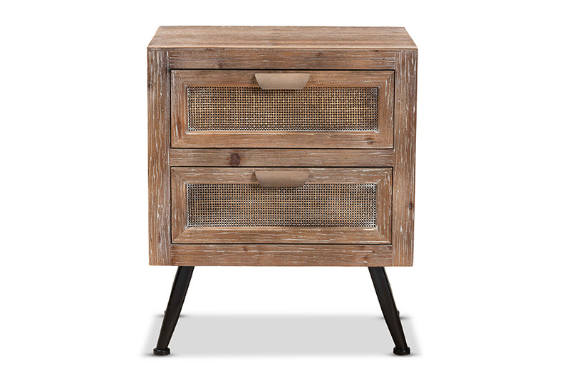 Baxton Studio Calida Mid-Century Modern Whitewashed Natural Brown Finished Wood and Rattan 2-Drawer Nightstand