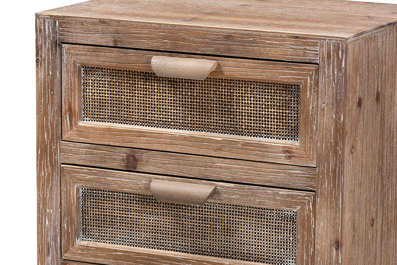 Baxton Studio Calida Mid-Century Modern Whitewashed Natural Brown Finished Wood and Rattan 2-Drawer Nightstand