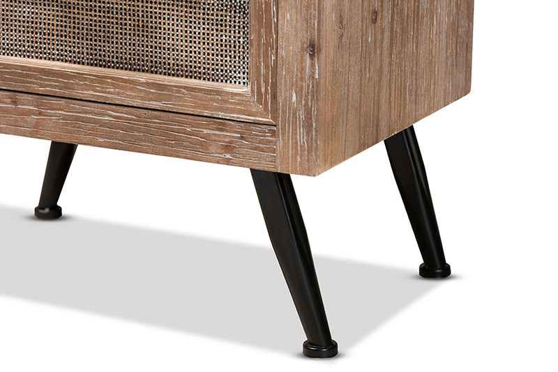 Baxton Studio Calida Mid-Century Modern Whitewashed Natural Brown Finished Wood and Rattan 2-Drawer Nightstand