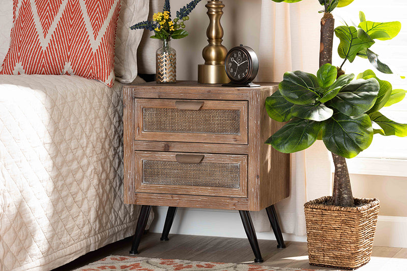 Baxton Studio Calida Mid-Century Modern Whitewashed Natural Brown Finished Wood and Rattan 2-Drawer Nightstand