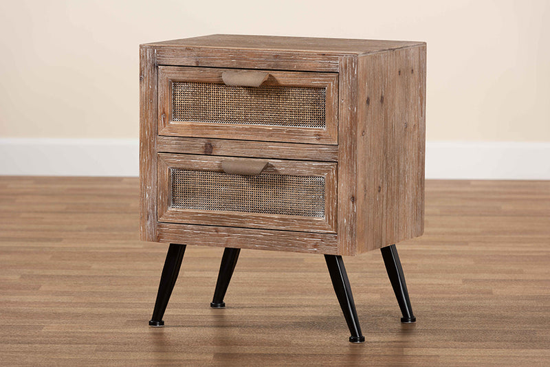 Baxton Studio Calida Mid-Century Modern Whitewashed Natural Brown Finished Wood and Rattan 2-Drawer Nightstand