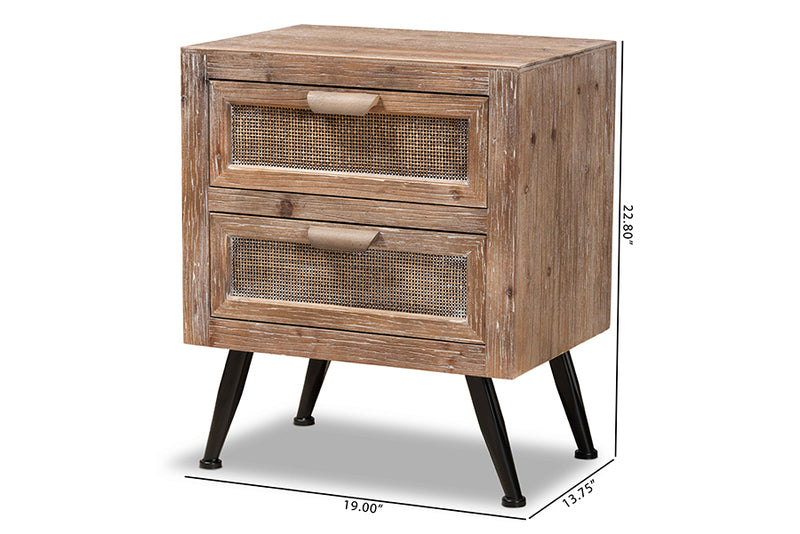 Baxton Studio Calida Mid-Century Modern Whitewashed Natural Brown Finished Wood and Rattan 2-Drawer Nightstand