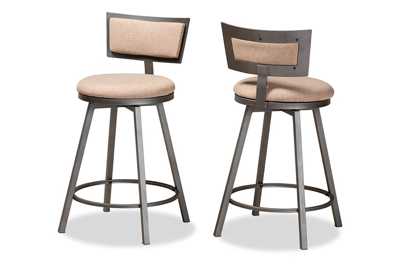 Baxton Studio Danson Modern Industrial Light Brown Fabric Upholstered and Antique Grey Finished Metal 2-Piece Swivel Pub Chair Set