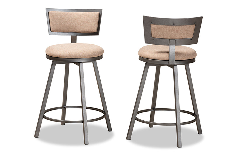 Baxton Studio Danson Modern Industrial Light Brown Fabric Upholstered and Antique Grey Finished Metal 2-Piece Swivel Pub Chair Set