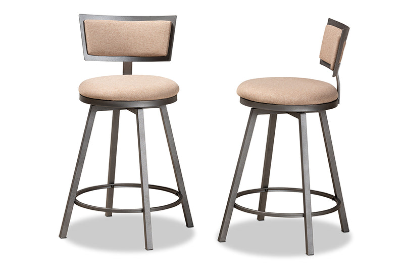 Baxton Studio Danson Modern Industrial Light Brown Fabric Upholstered and Antique Grey Finished Metal 2-Piece Swivel Pub Chair Set