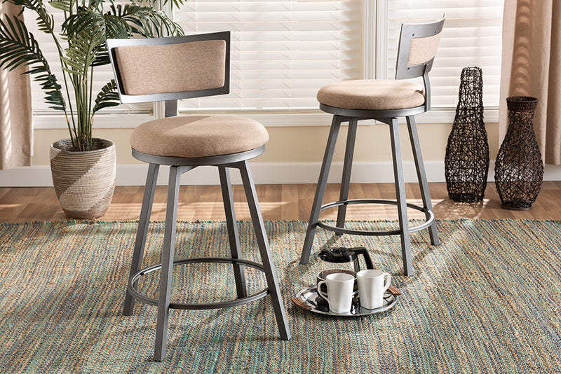 Baxton Studio Danson Modern Industrial Light Brown Fabric Upholstered and Antique Grey Finished Metal 2-Piece Swivel Pub Chair Set