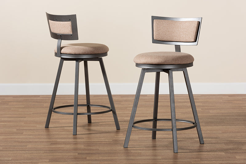 Baxton Studio Danson Modern Industrial Light Brown Fabric Upholstered and Antique Grey Finished Metal 2-Piece Swivel Pub Chair Set